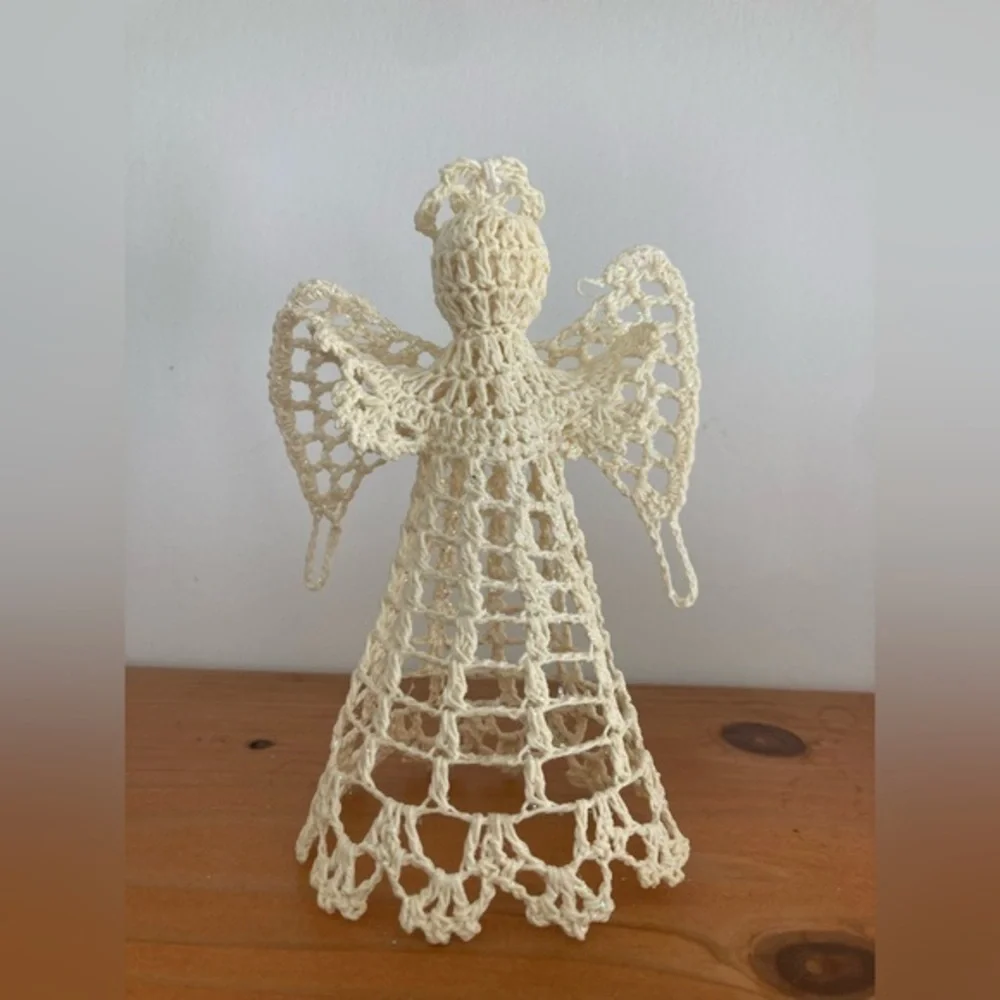 Vintage Crocheted Beige Starched Angel Tree Topper 6” Tall Handmade